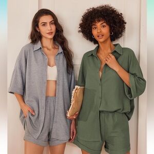 Ekouaer Waffle Knit Lounge Sets for Women Short Sleeve Pajamas Button Down Pjs